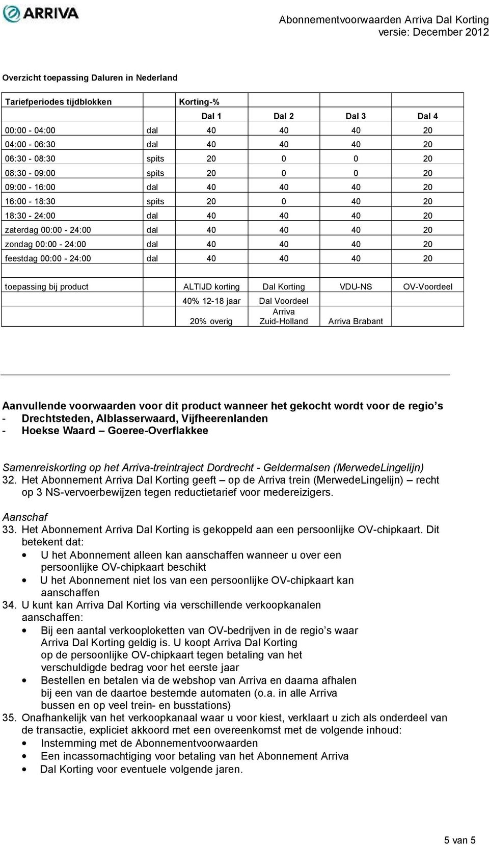 40 40 40 20 toepassing bij product ALTIJD korting Dal Korting VDU-NS OV-Voordeel 40% 12-18 jaar Dal Voordeel Arriva 20% overig Zuid-Holland Arriva Brabant Aanvullende voorwaarden voor dit product