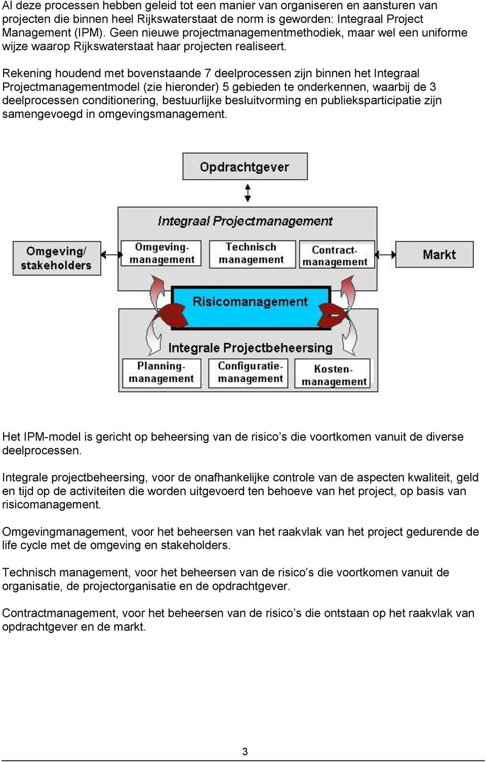 Rekening houdend met bovenstaande 7 deelprocessen zijn binnen het Integraal Projectmanagementmodel (zie hieronder) 5 gebieden te onderkennen, waarbij de 3 deelprocessen conditionering, bestuurlijke