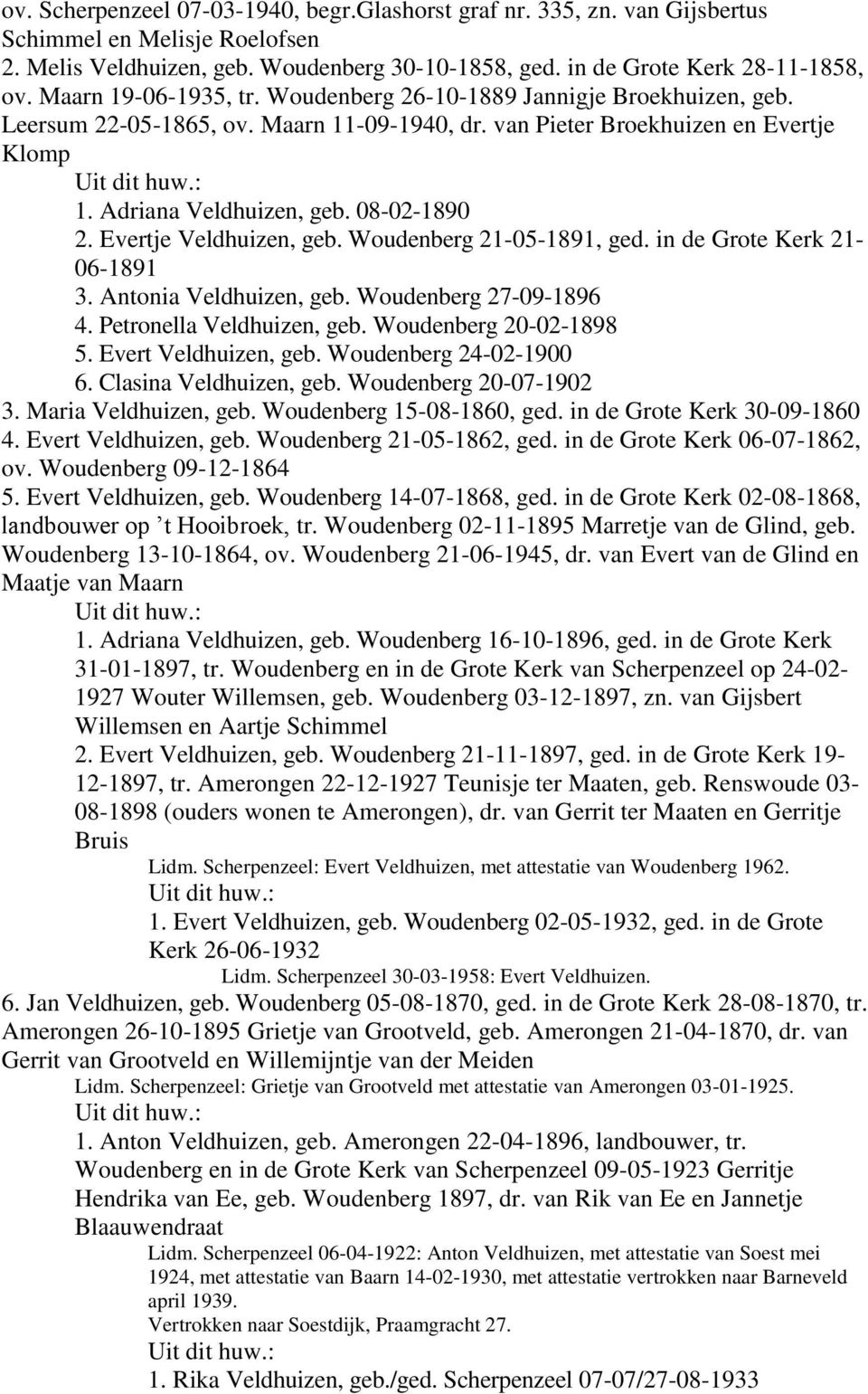 Evertje Veldhuizen, geb. Woudenberg 21-05-1891, ged. in de Grote Kerk 21-06-1891 3. Antonia Veldhuizen, geb. Woudenberg 27-09-1896 4. Petronella Veldhuizen, geb. Woudenberg 20-02-1898 5.