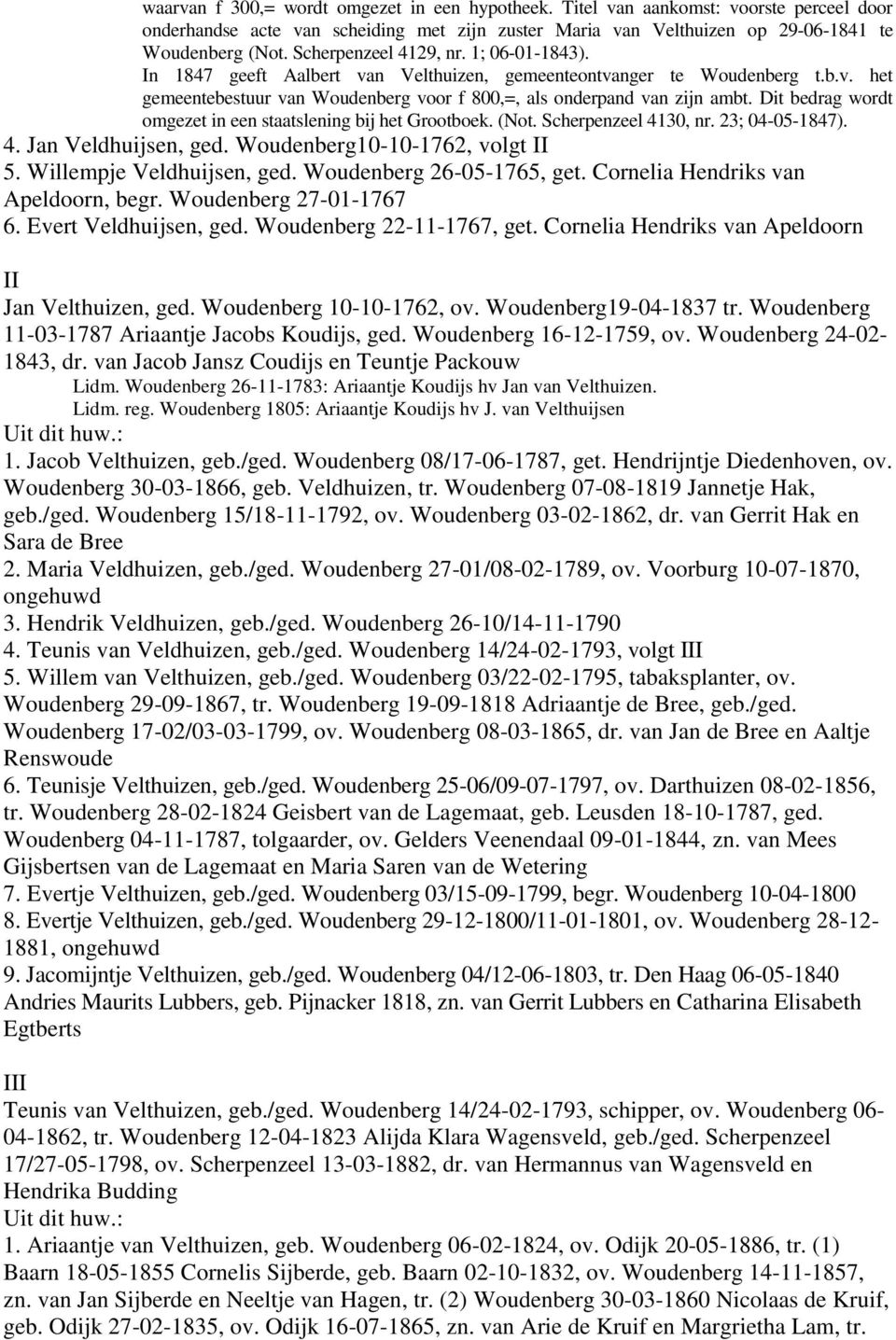 Dit bedrag wordt omgezet in een staatslening bij het Grootboek. (Not. Scherpenzeel 4130, nr. 23; 04-05-1847). 4. Jan Veldhuijsen, ged. Woudenberg10-10-1762, volgt II 5. Willempje Veldhuijsen, ged.