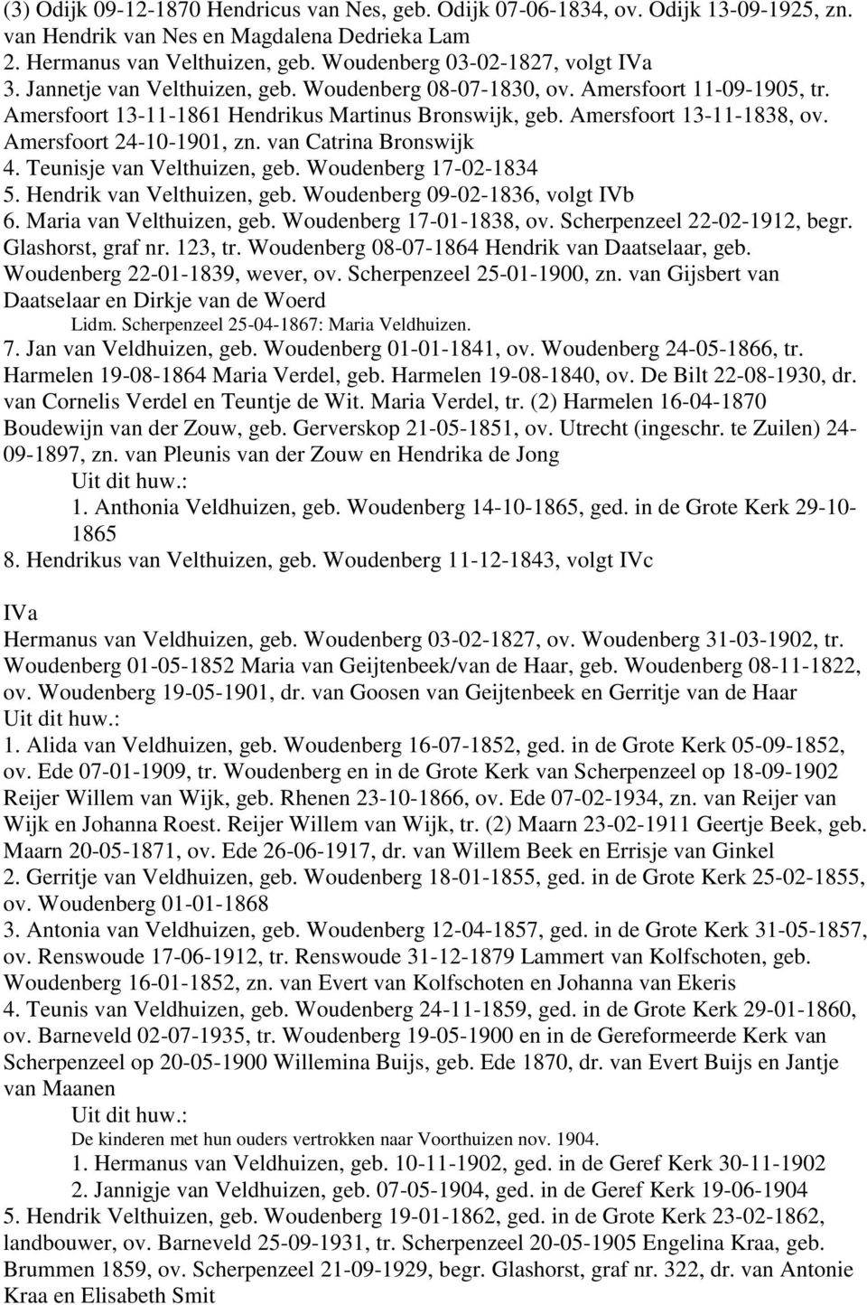 Amersfoort 13-11-1838, ov. Amersfoort 24-10-1901, zn. van Catrina Bronswijk 4. Teunisje van Velthuizen, geb. Woudenberg 17-02-1834 5. Hendrik van Velthuizen, geb. Woudenberg 09-02-1836, volgt IVb 6.