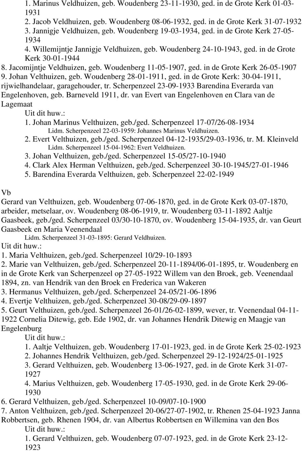 Woudenberg 11-05-1907, ged. in de Grote Kerk 26-05-1907 9. Johan Velthuizen, geb. Woudenberg 28-01-1911, ged. in de Grote Kerk: 30-04-1911, rijwielhandelaar, garagehouder, tr.