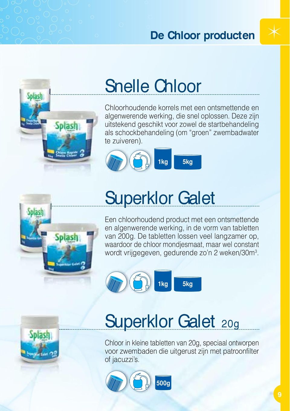 1kg 5kg Superklor Galet Een chloorhoudend product met een ontsmettende en algenwerende werking, in de vorm van tabletten van 200g.