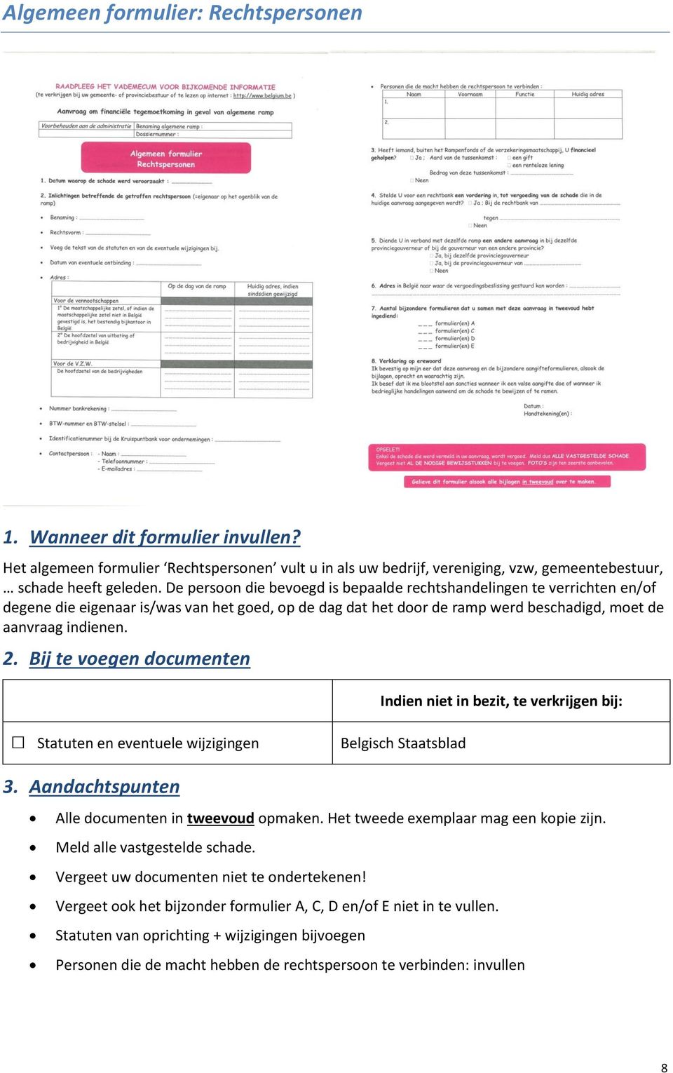 Bij te voegen documenten Indien niet in bezit, te verkrijgen bij: Statuten en eventuele wijzigingen Belgisch Staatsblad 3. Aandachtspunten Alle documenten in tweevoud opmaken.