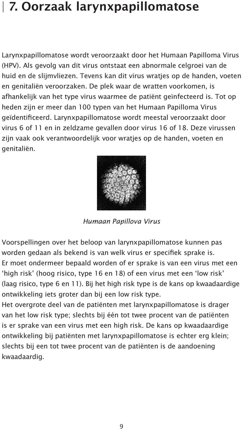 Tot op heden zijn er meer dan 100 typen van het Humaan Papilloma Virus geïdentificeerd. Larynxpapillomatose wordt meestal veroorzaakt door virus 6 of 11 en in zeldzame gevallen door virus 16 of 18.