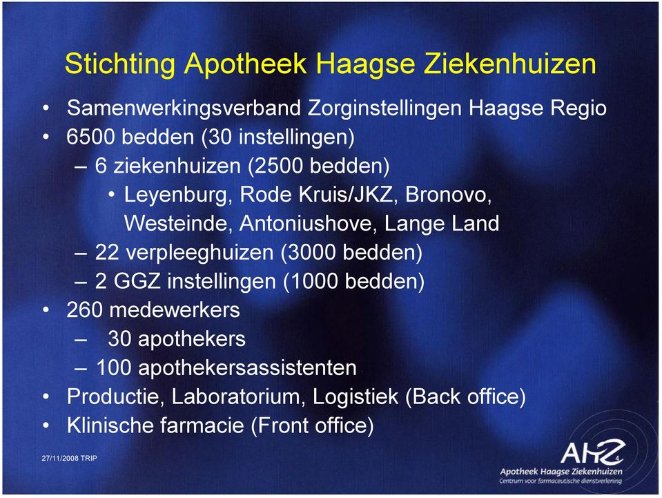 Land 22 verpleeghuizen (3000 bedden) 2 GGZ instellingen (1000 bedden) 260 medewerkers 30 apothekers 100