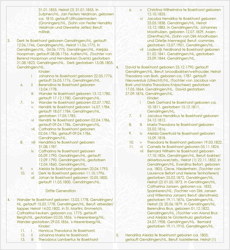 08.1756, Aalten/NL, (Tochter von Berend Hoopman und Hendersken Duenk) gestorben 21.08.1823, Derk gestorben 15.08.1805, i Johanna te Boekhorst geboren 22.05.1776, getauft 26.05.1776, 6.