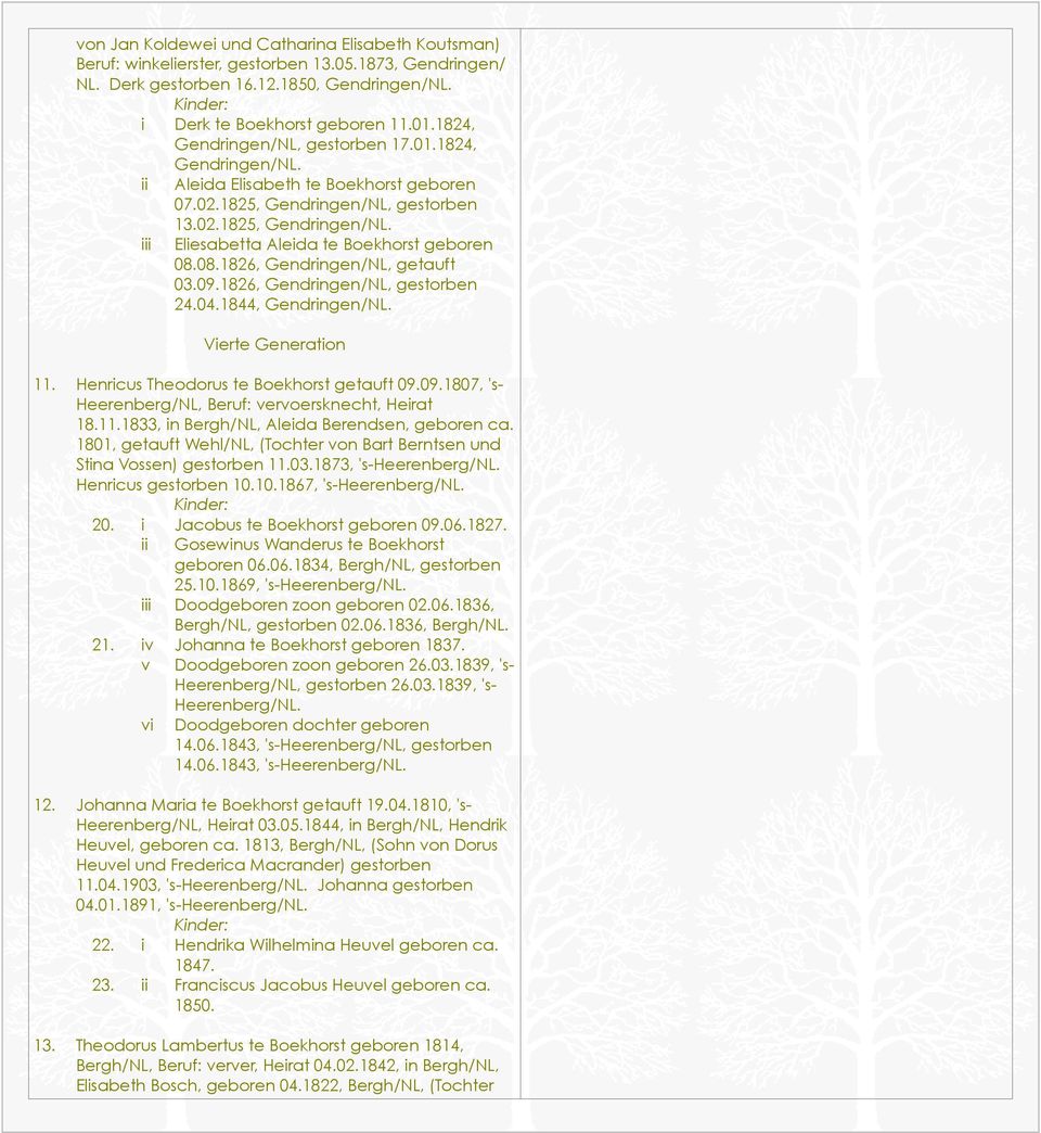 08.1826, Gendringen/NL, getauft 03.09.1826, Gendringen/NL, gestorben 24.04.1844, Vierte Generation 11. Henricus Theodorus te Boekhorst getauft 09.09.1807, 's- Heerenberg/NL, Beruf: vervoersknecht, Heirat 18.