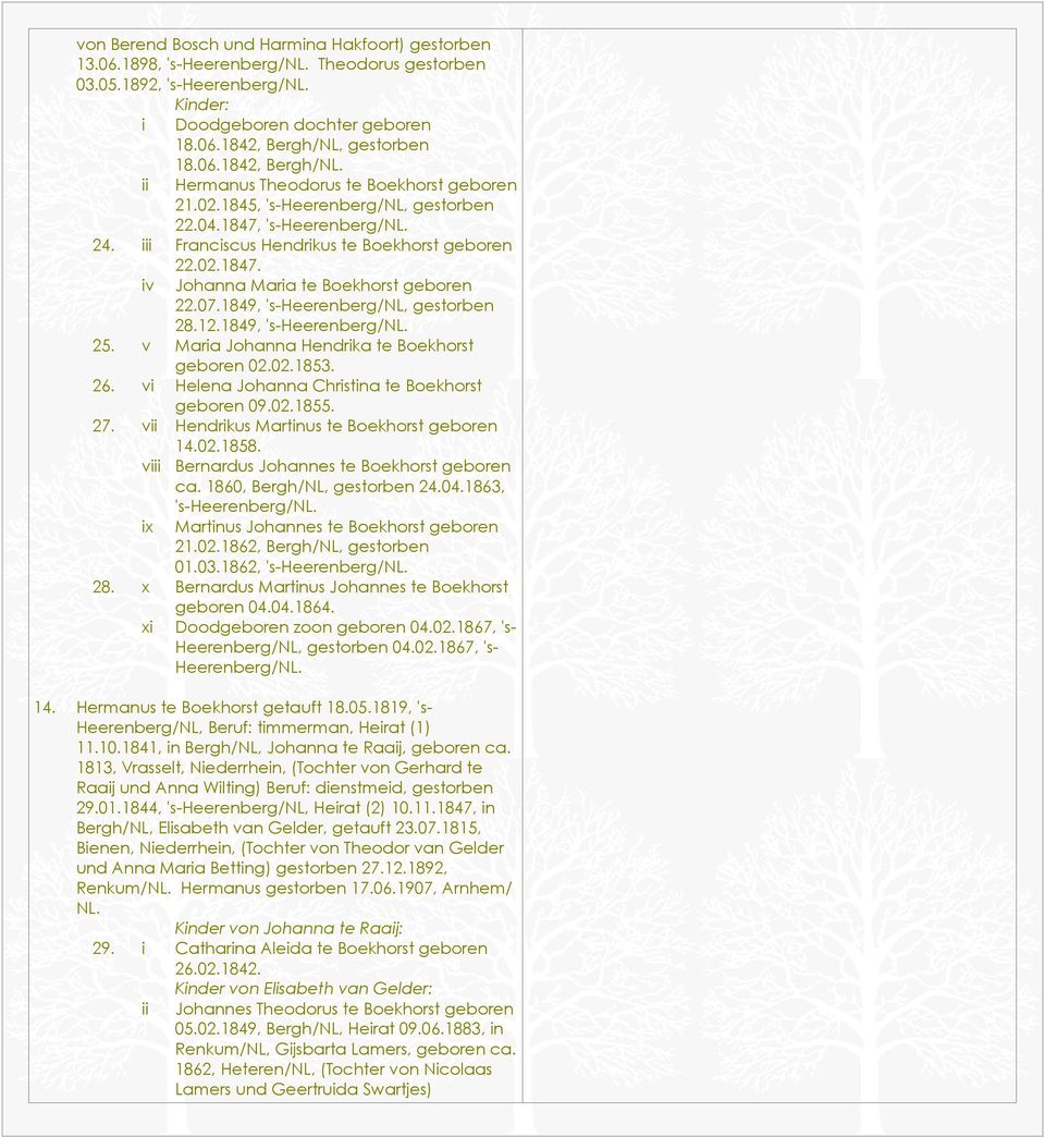 iii Franciscus Hendrikus te Boekhorst geboren iv 22.02.1847. Johanna Maria te Boekhorst geboren 22.07.1849, 's-heerenberg/nl, gestorben 28.12.1849, 's-heerenberg/nl. 25.