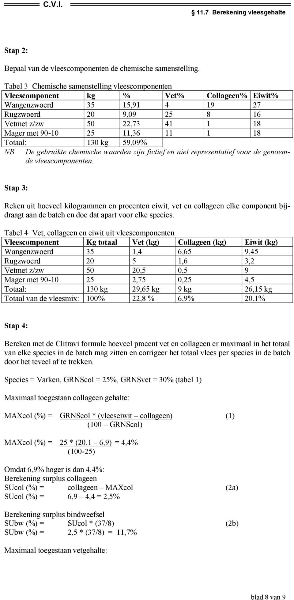 11,36 11 1 18 Totaal: 130 kg 59,09% NB De gebruikte chemische waarden zijn fictief en niet representatief voor de genoemde vleescomponenten.
