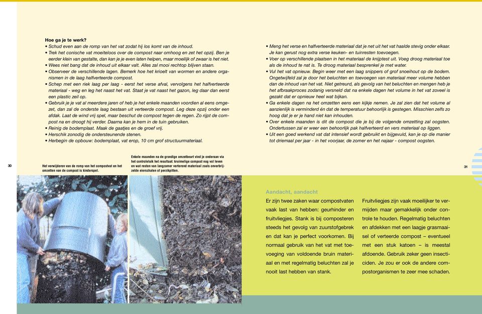 Observeer de verschillende lagen. Bemerk hoe het krioelt van wormen en andere organismen in de laag halfverteerde compost.