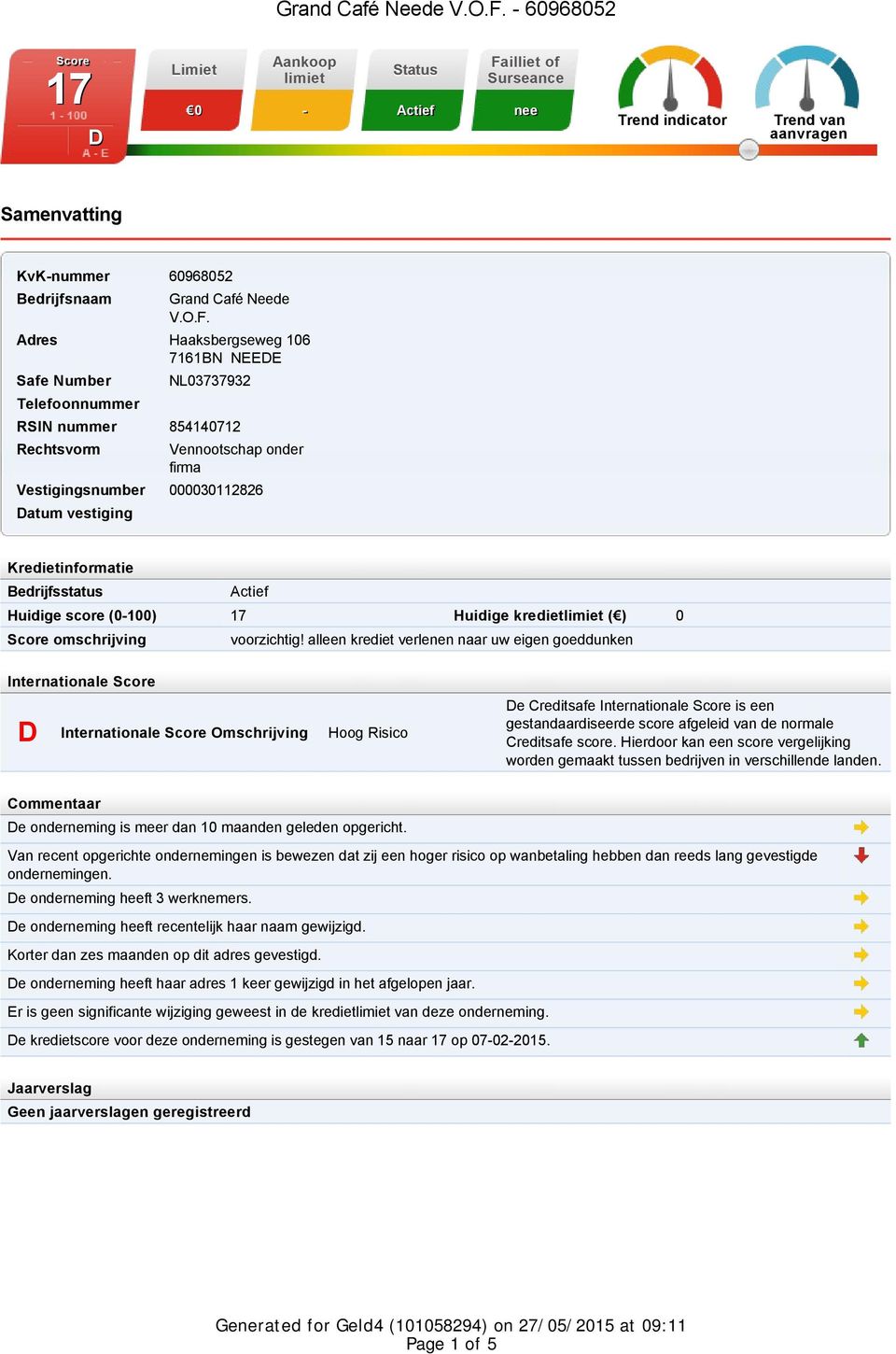 Number Telefoonnummer NL03737932 RSIN nummer 854140712 Rechtsvorm Vennootschap onder firma Vestigingsnumber 000030112826 Datum vestiging Kredietinformatie Bedrijfsstatus Actief Huidige score (0-100)