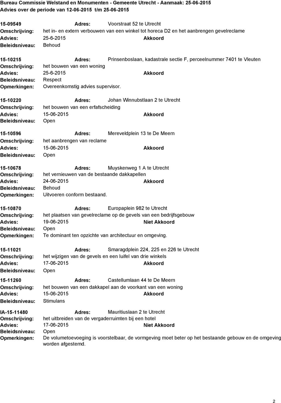 15-10220 Adres: Johan Winnubstlaan 2 te Utrecht het bouwen van een erfafscheiding 15-06-2015 Akkoord 15-10596 Adres: Mereveldplein 13 te De Meern het aanbrengen van reclame 15-06-2015 Akkoord