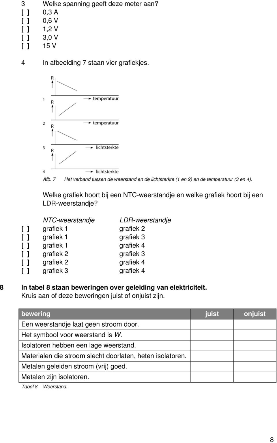 NTC-weerstandje LDR-weerstandje [ ] grafiek 1 grafiek 2 [ ] grafiek 1 grafiek 3 [ ] grafiek 1 grafiek 4 [ ] grafiek 2 grafiek 3 [ ] grafiek 2 grafiek 4 [ ] grafiek 3 grafiek 4 8 In tabel 8 staan