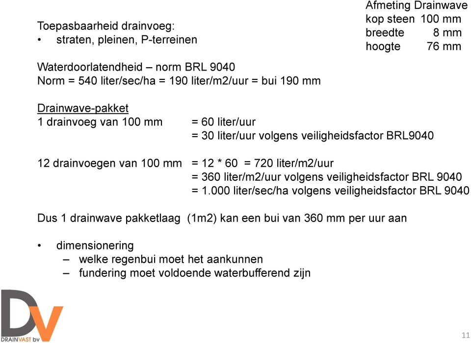 drainvoegen van 100 mm = 12 * 60 = 720 liter/m2/uur = 360 liter/m2/uur volgens veiligheidsfactor BRL 9040 = 1.