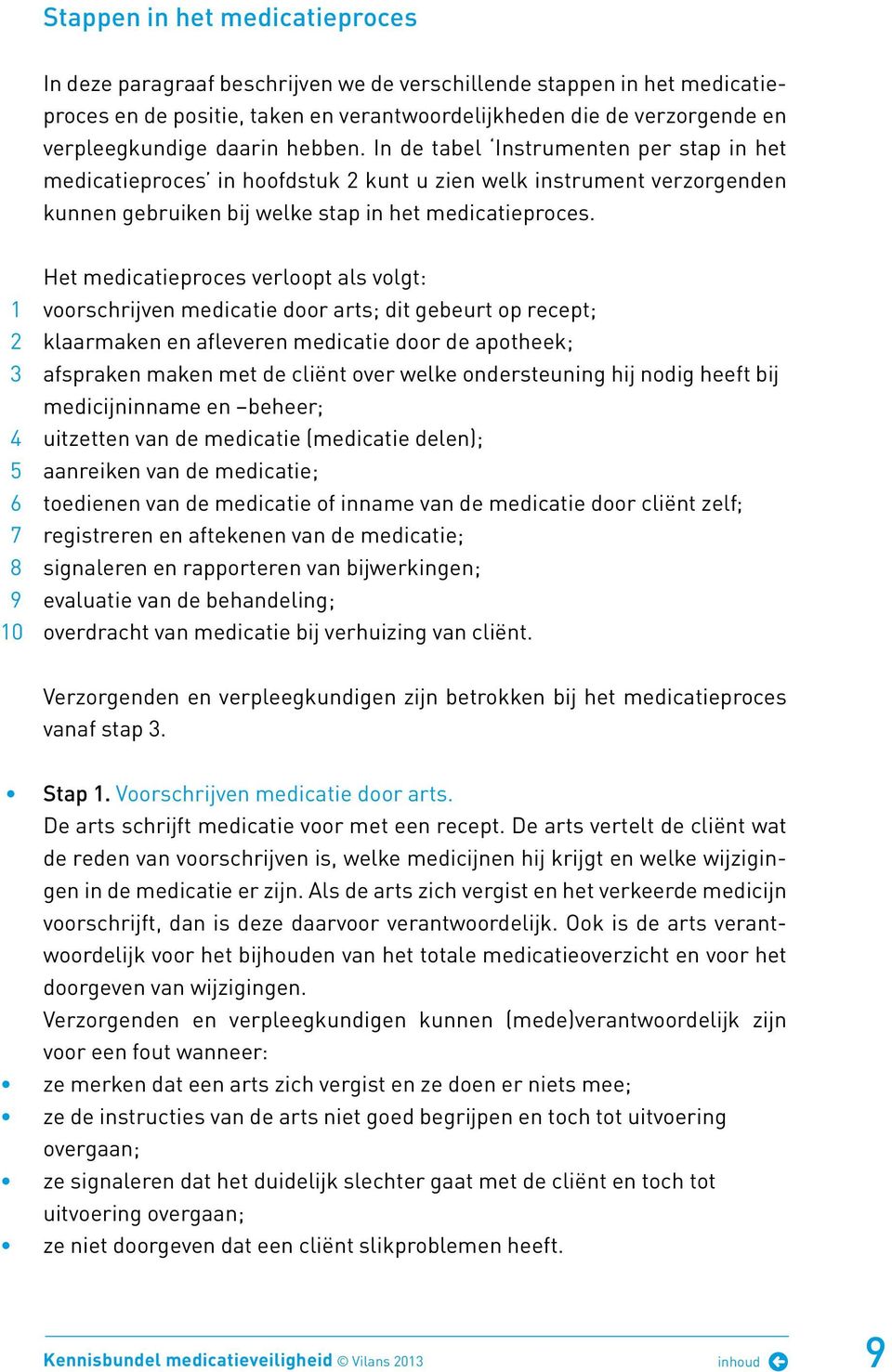 Het medicatieproces verloopt als volgt: 1 voorschrijven medicatie door arts; dit gebeurt op recept; 2 klaarmaken en afleveren medicatie door de apotheek; 3 afspraken maken met de cliënt over welke