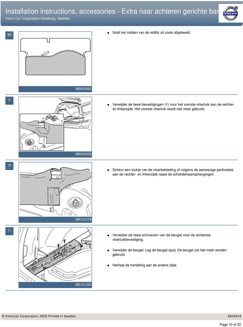 M8503259 10 Scheur een stukje van de vloerbekleding af volgens de aanwezige perforaties aan de rechter- en linkerzijde naast de schokdemperophangingen.