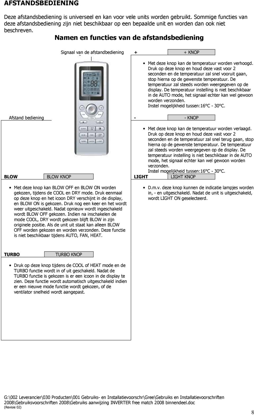 Namen en functies van de afstandsbediening Signaal van de afstandbediening + + KNOP Afstand bediening - - KNOP Met deze knop kan de temperatuur worden verhoogd.