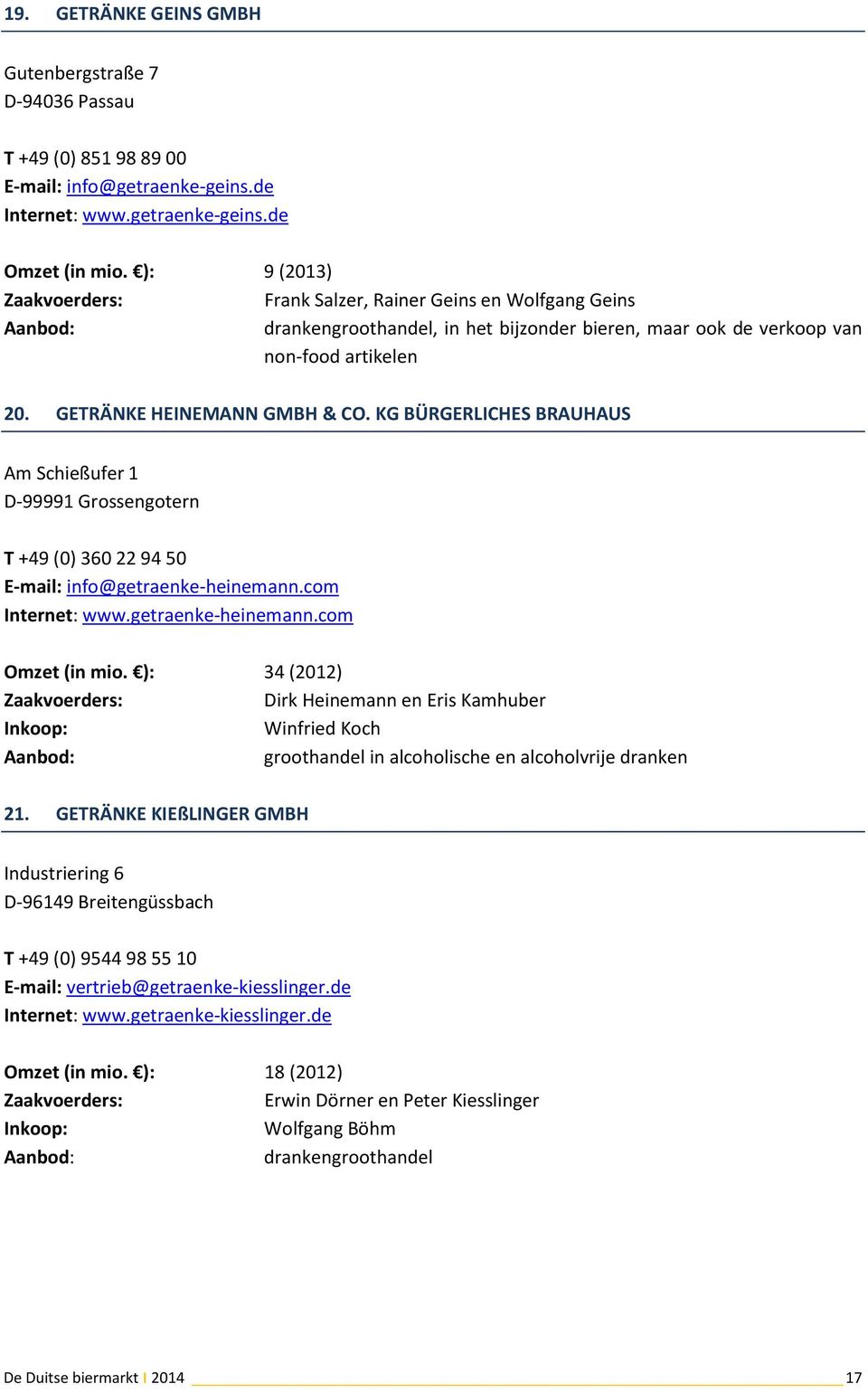 KG BÜRGERLICHES BRAUHAUS Am Schießufer 1 D-99991 Grossengotern T +49 (0) 360 22 94 50 E-mail: info@getraenke-heinemann.com Internet: www.getraenke-heinemann.com Omzet (in mio.