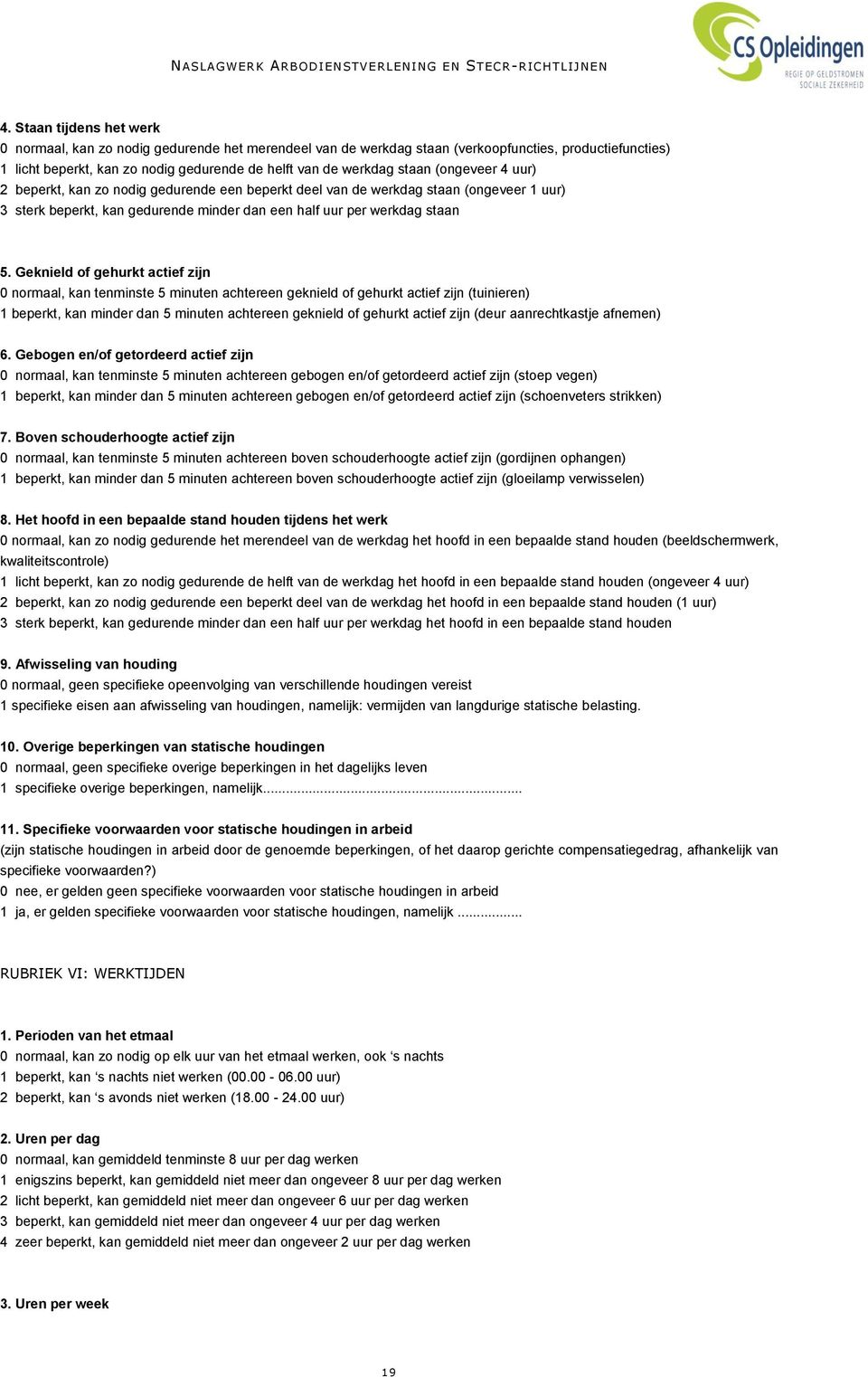 Geknield of gehurkt actief zijn 0 normaal, kan tenminste 5 minuten achtereen geknield of gehurkt actief zijn (tuinieren) 1 beperkt, kan minder dan 5 minuten achtereen geknield of gehurkt actief zijn