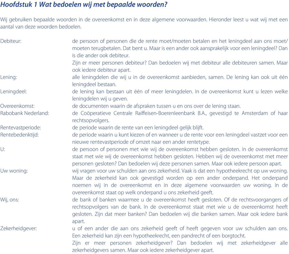 Maar is een ander ook aansprakelijk voor een leningdeel? Dan is die ander ook debiteur. Zijn er meer personen debiteur? Dan bedoelen wij met debiteur alle debiteuren samen.