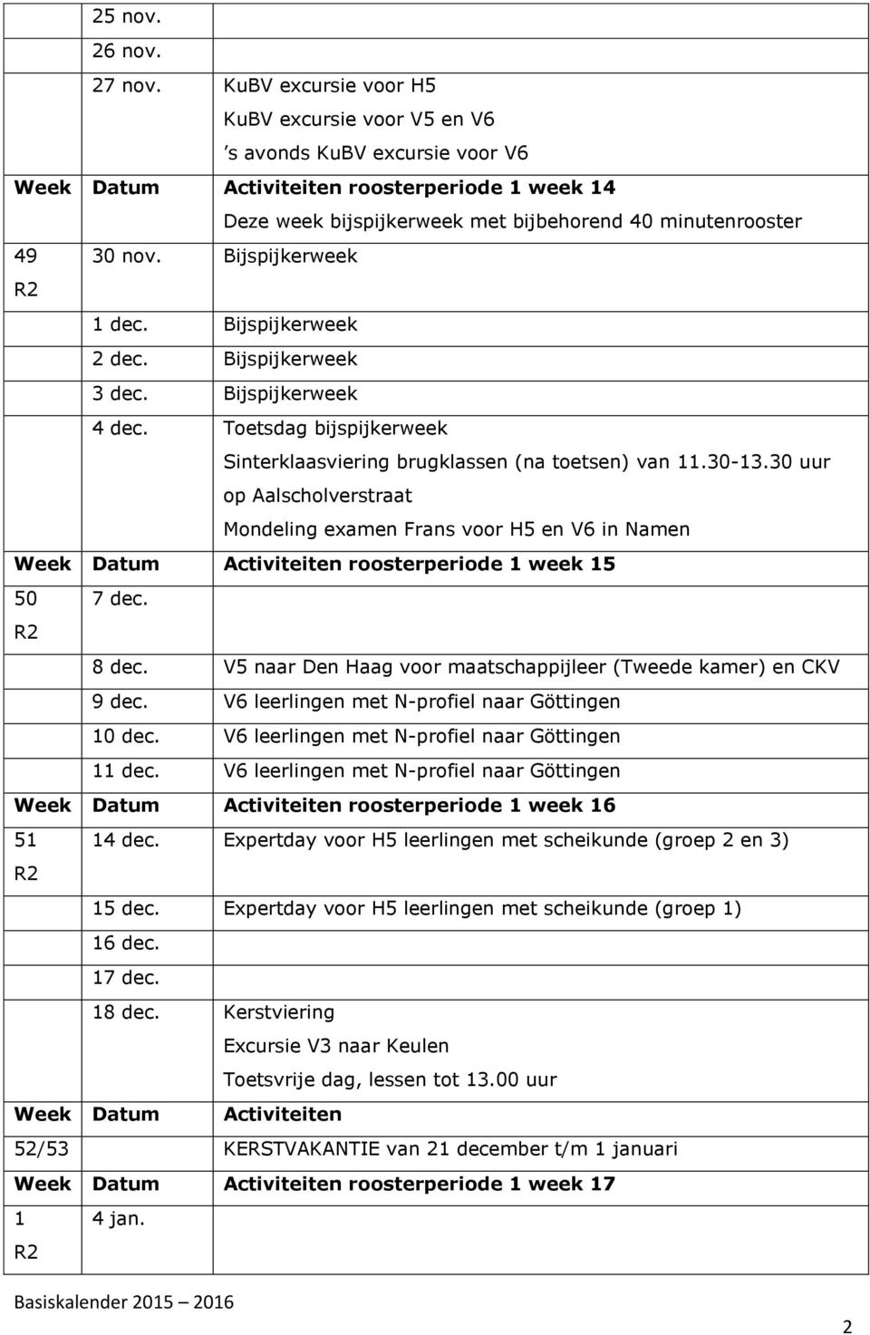 30 uur op Aalscholverstraat Mondeling examen Frans voor H5 en V6 in Namen roosterperiode 1 week 15 50 7 dec. 8 dec. V5 naar Den Haag voor maatschappijleer (Tweede kamer) en CKV 9 dec.