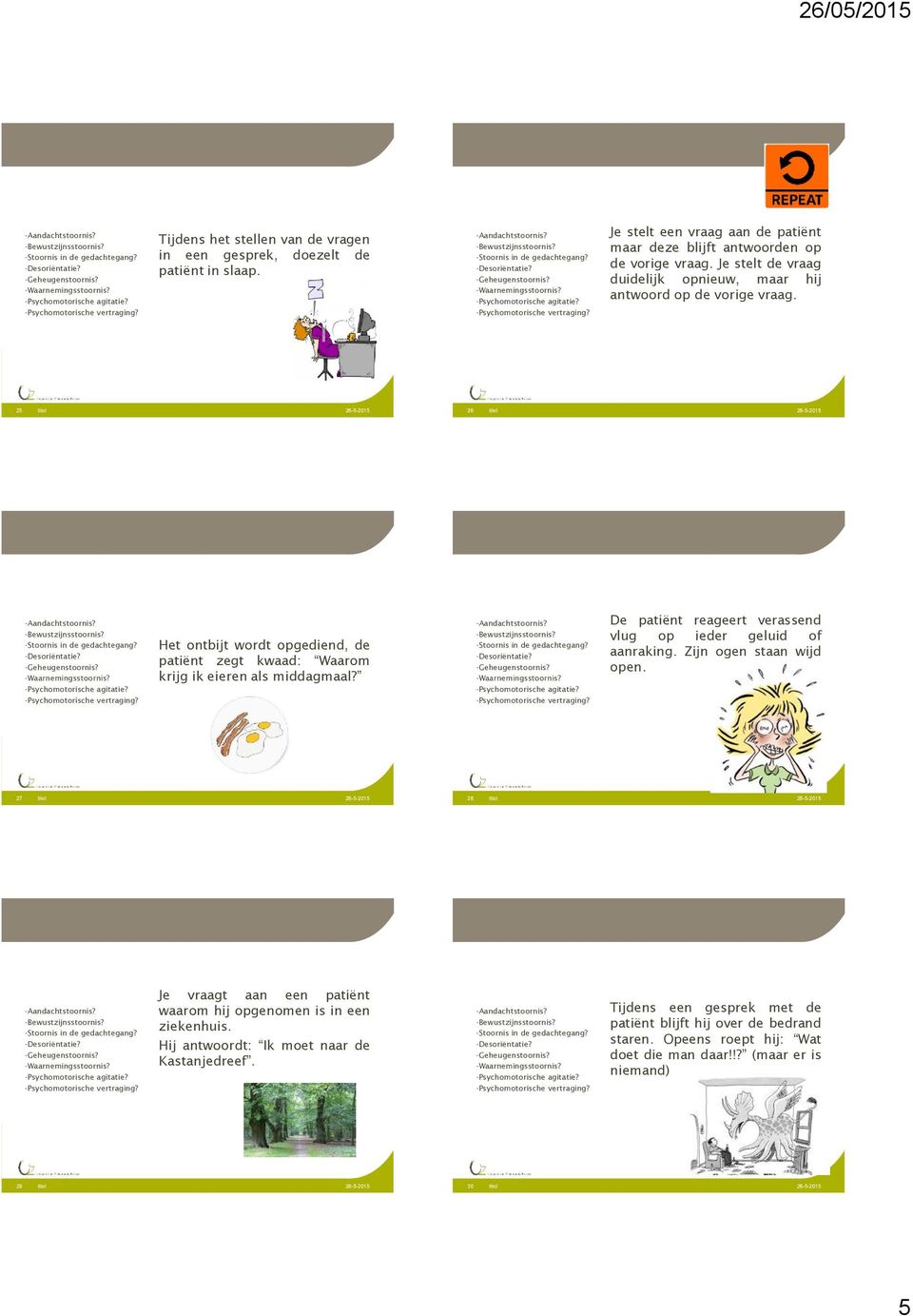 25 titel 26 titel Het ontbijt wordt opgediend, de patiënt zegt kwaad: Waarom krijg ik eieren als middagmaal? De patiënt reageert verassend vlug op ieder geluid of aanraking.