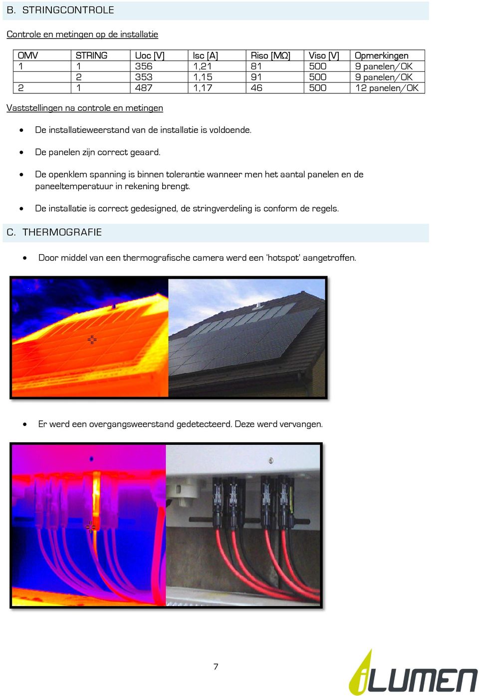 De openklem spanning is binnen tolerantie wanneer men het aantal panelen en de paneeltemperatuur in rekening brengt.