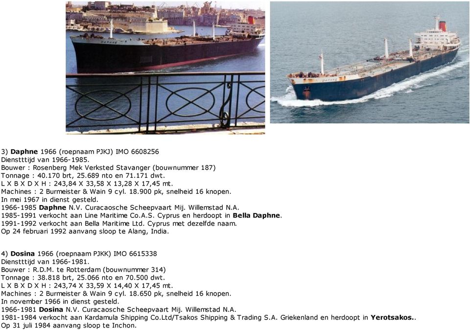 Curacaosche Scheepvaart Mij. Willemstad N.A. 1985-1991 verkocht aan Line Maritime Co.A.S. Cyprus en herdoopt in Bella Daphne. 1991-1992 verkocht aan Bella Maritime Ltd. Cyprus met dezelfde naam.