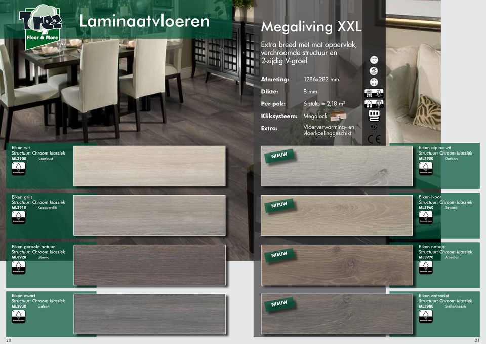 0,06 m² K/W Eiken wit ML3900 Ivoorkust Eiken alpine wit ML3950 Durban Eiken grijs ML3910 Kaapverdië Eiken ivoor ML3960 Soweto