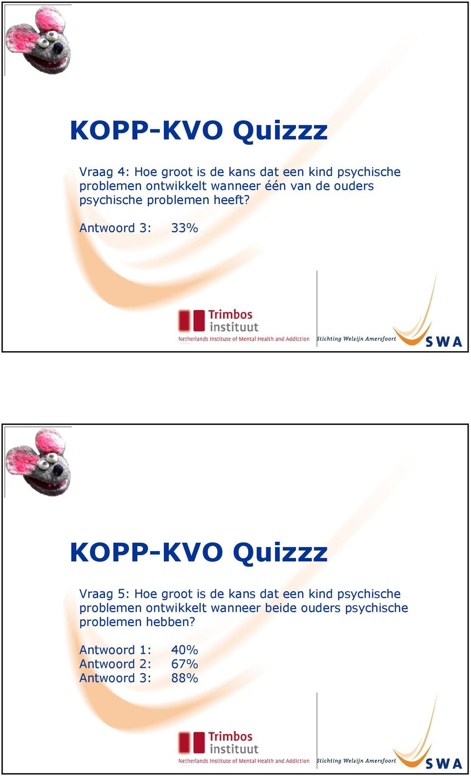 Antwoord 3: 33% KOPP-KVO Quizzz Vraag 5: Hoe groot is de kans dat een kind psychische