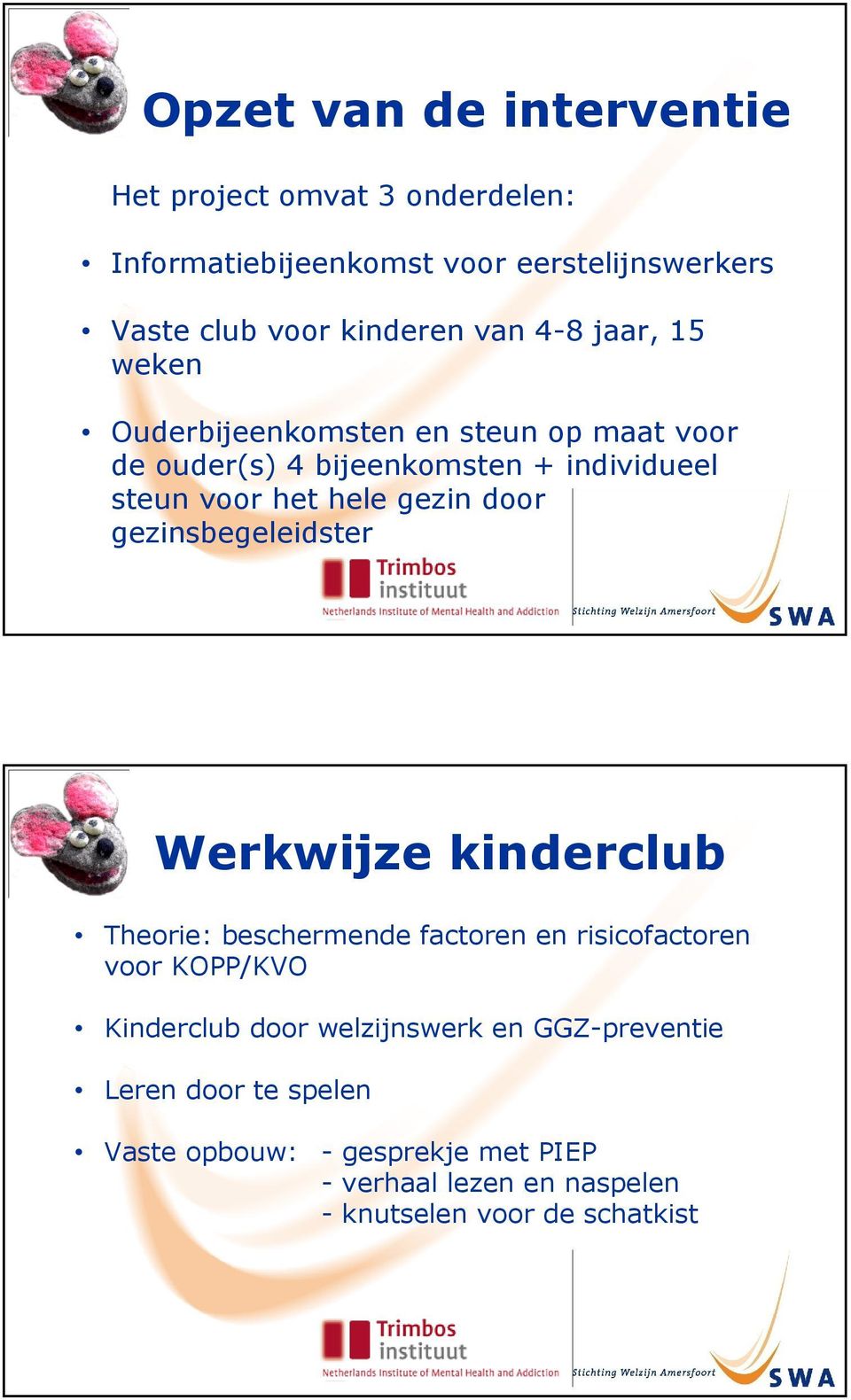 door gezinsbegeleidster Werkwijze kinderclub Theorie: beschermende factoren en risicofactoren voor KOPP/KVO Kinderclub door