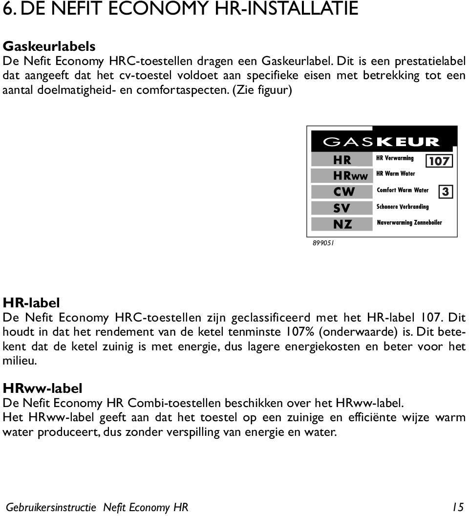 (Zie figuur) 899051 HR-label De Nefit Economy HRC-toestellen zijn geclassificeerd met het HR-label 107. Dit houdt in dat het rendement van de ketel tenminste 107% (onderwaarde) is.