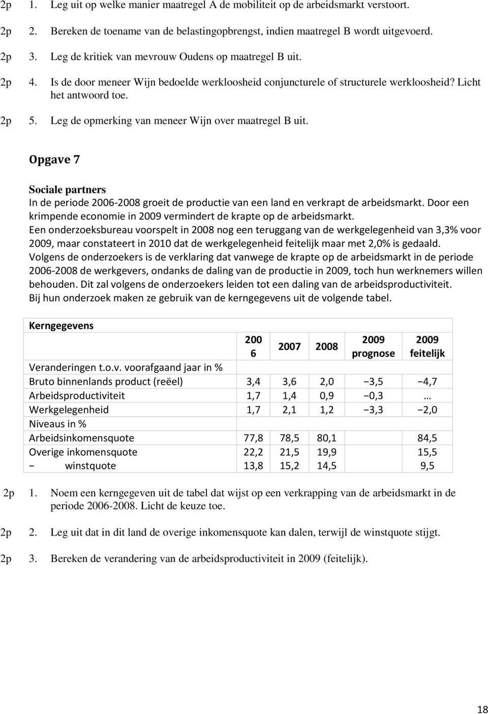 Leg de opmerking van meneer Wijn over maatregel B uit. Opgave 7 Sociale partners In de periode 2006-2008 groeit de productie van een land en verkrapt de arbeidsmarkt.