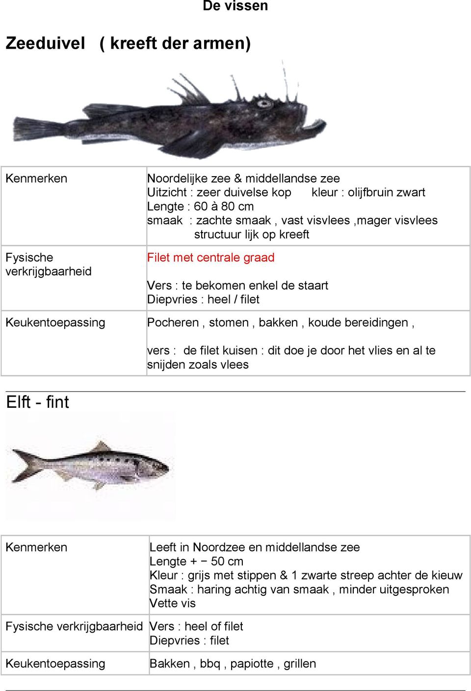 bereidingen, Elft - fint vers : de filet kuisen : dit doe je door het vlies en al te snijden zoals vlees Leeft in Noordzee en middellandse zee Lengte + 50 cm Kleur : grijs met stippen