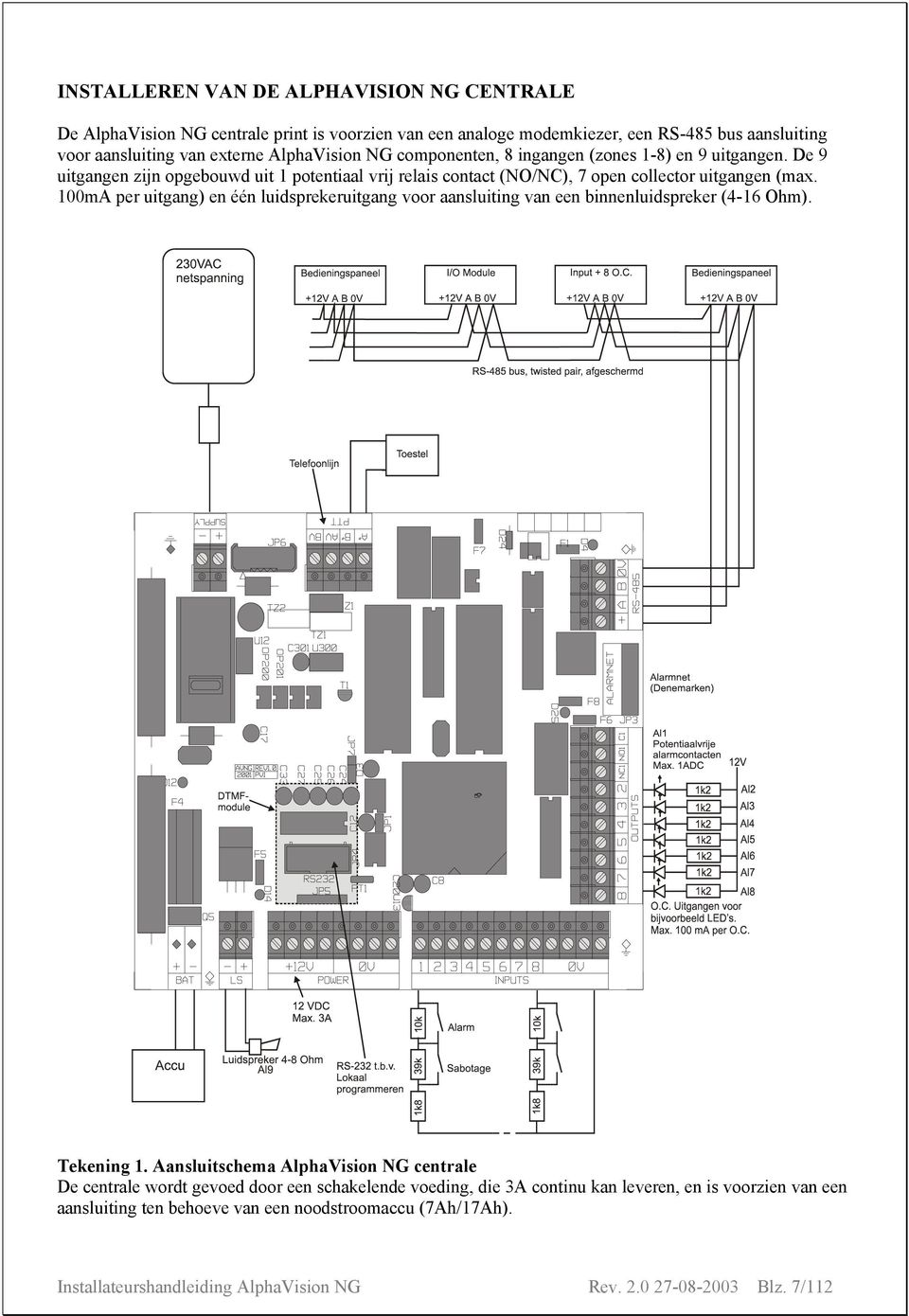 100mA per uitgang) en één luidsprekeruitgang voor aansluiting van een binnenluidspreker (4-16 Ohm). Tekening 1.