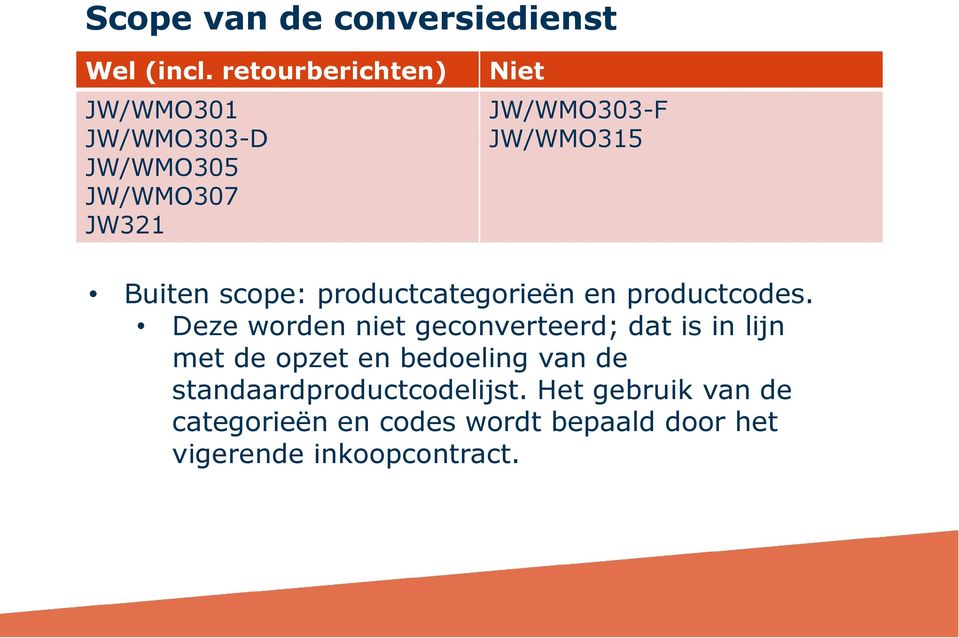 Buiten scope: productcategorieën en productcodes.