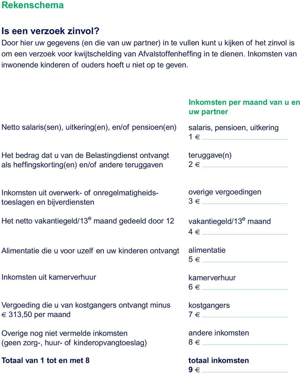 Inkomsten per maand van u en uw partner Netto salaris(sen), uitkering(en), en/of pensioen(en) Het bedrag dat u van de Belastingdienst ontvangt als heffingskorting(en) en/of andere teruggaven salaris,