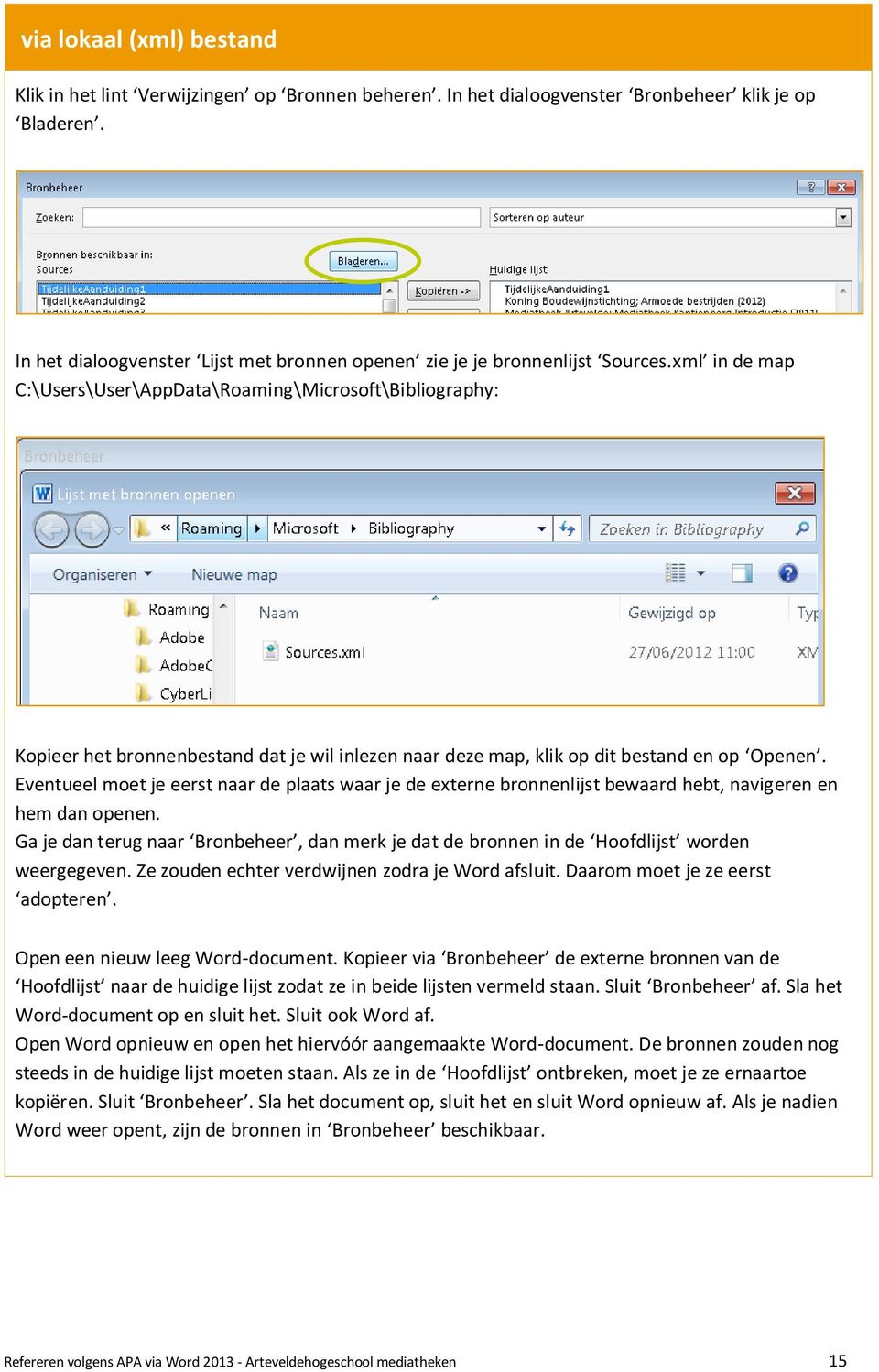 xml in de map C:\Users\User\AppData\Roaming\Microsoft\Bibliography: Kopieer het bronnenbestand dat je wil inlezen naar deze map, klik op dit bestand en op Openen.