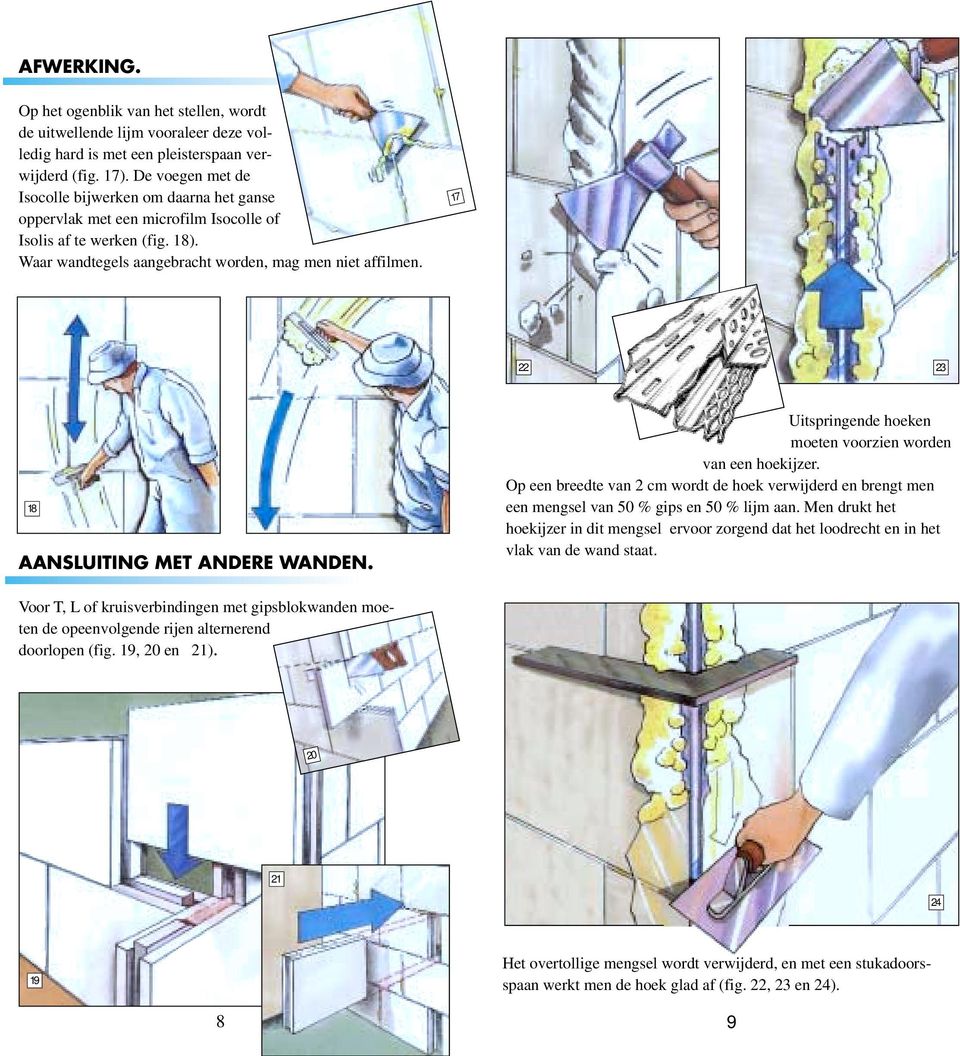 17 22 23 18 AANSLUITING MET ANDERE WANDEN. Uitspringende hoeken moeten voorzien worden van een hoekijzer.