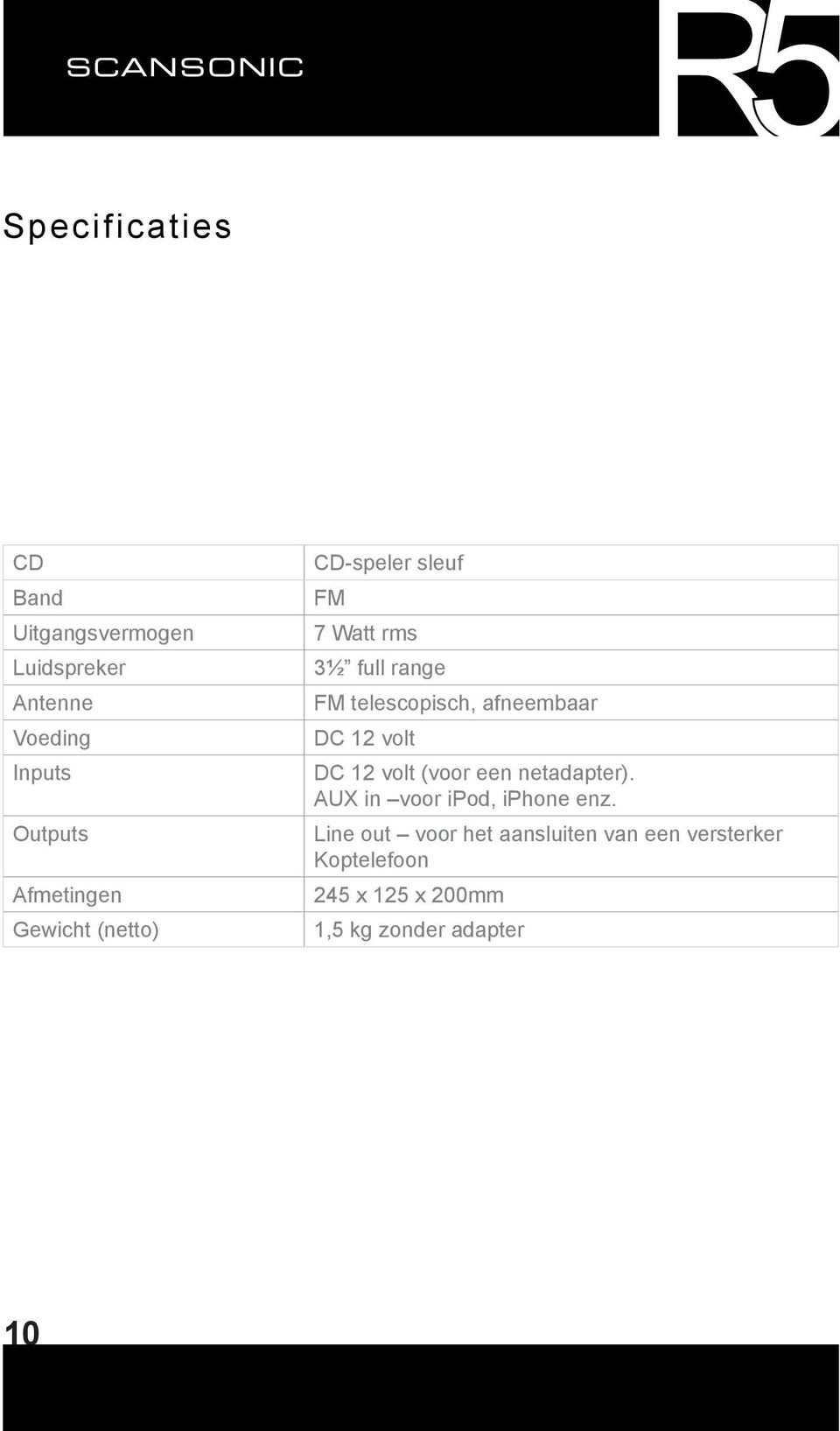 afneembaar DC 12 volt DC 12 volt (voor een netadapter). AUX in voor ipod, iphone enz.