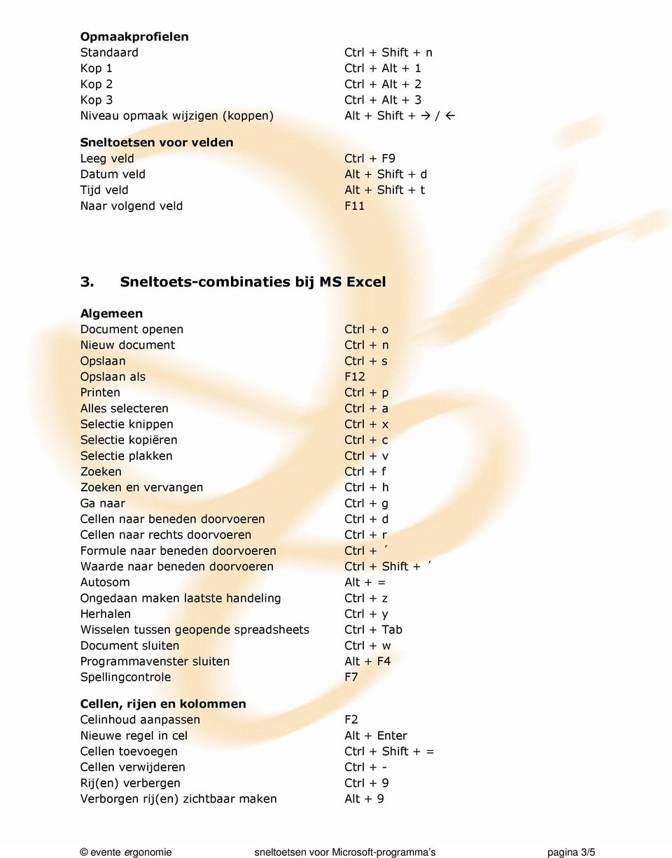 Sneltoets-combinaties bij MS Excel Document openen Nieuw document Opslaan Opslaan als F12 en vervangen Ga naar Ctrl + g Cellen naar beneden doorvoeren Ctrl + d Cellen naar rechts doorvoeren Ctrl + r