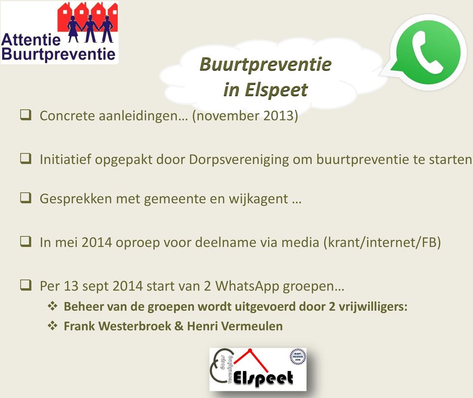 oproep voor deelname via media (krant/internet/fb) Per 13 sept 2014 start van 2 WhatsApp