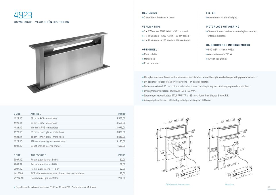 BIJBEHORENDEINTERNE»MOTOR» 800 m3/h - Max. 69 dba Aansluitwaarde 275 W Afvoer 150 Ø mm» De bijbehorende interne motor kan zowel aan de vóór- en achterzijde van het apparaat geplaatst worden.