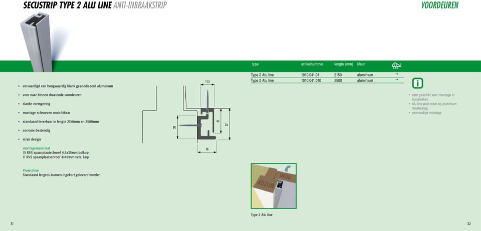 010 2500 aluminium ** voor naar binnen draaiende voordeuren slanke vormgeving montage schroeven onzichtbaar zeer geschikt voor montage in kuststreken Alu line past mooi bij
