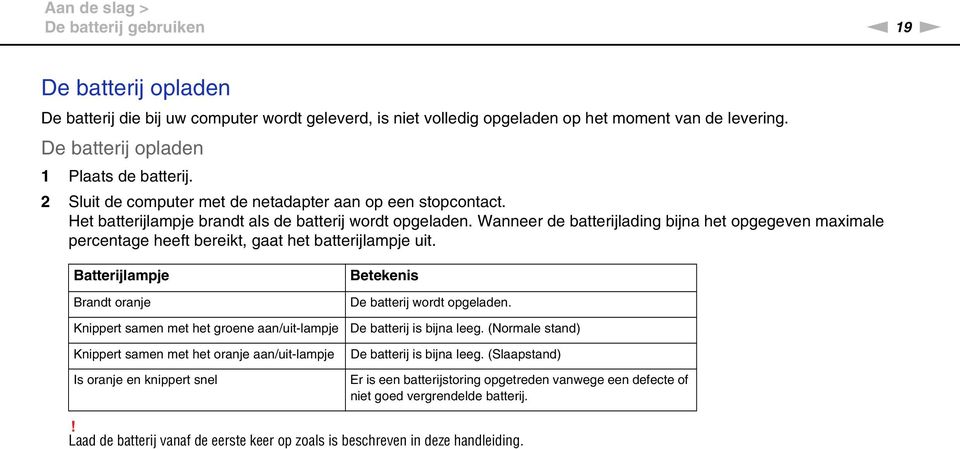 Wanneer de batterijlading bijna het opgegeven maximale percentage heeft bereikt, gaat het batterijlampje uit.