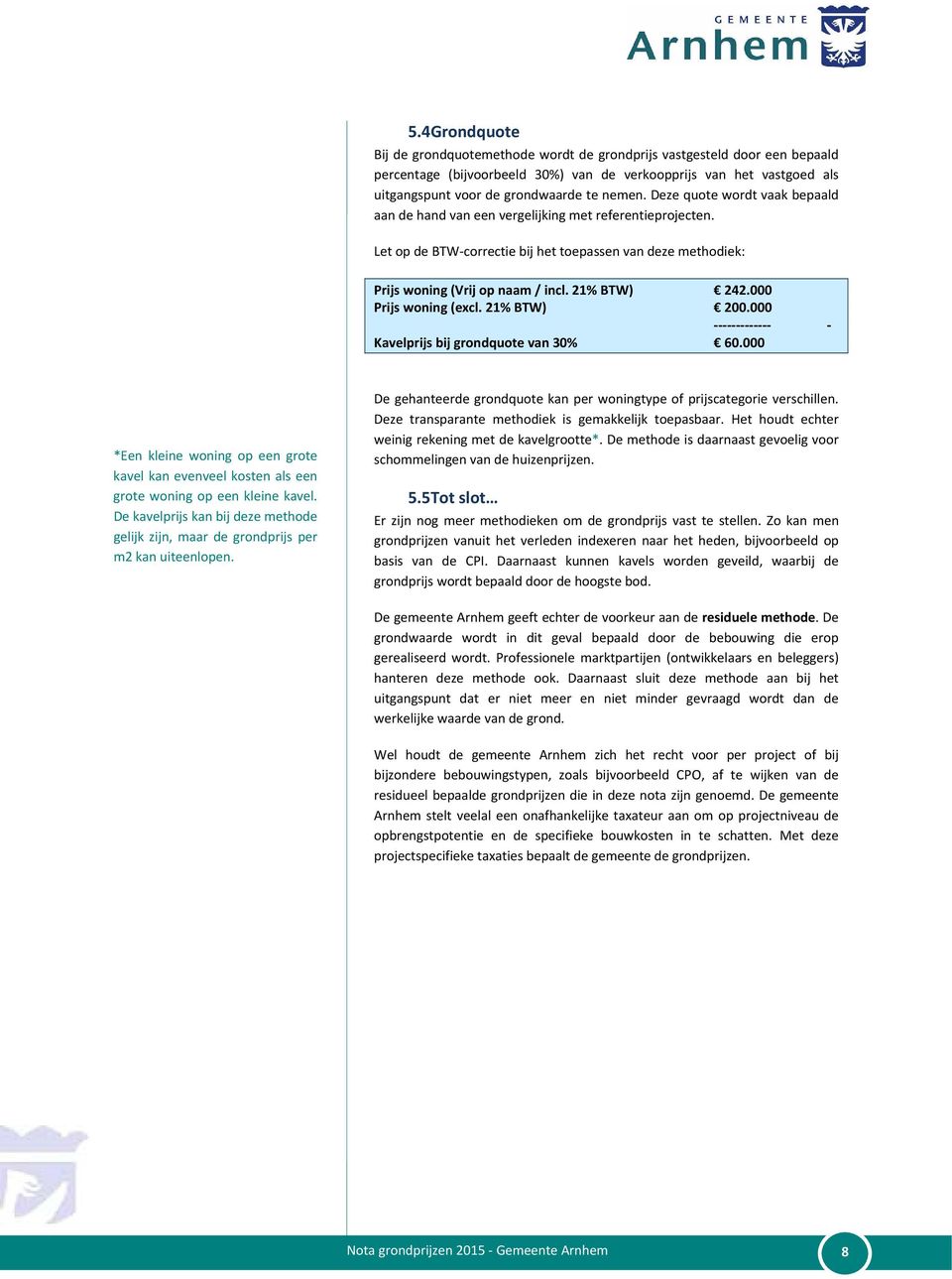 21% BTW) 242.000 Prijs woning (excl. 21% BTW) 200.000 Kavelprijs bij grondquote van 30% 60.000 *Een kleine woning op een grote kavel kan evenveel kosten als een grote woning op een kleine kavel.