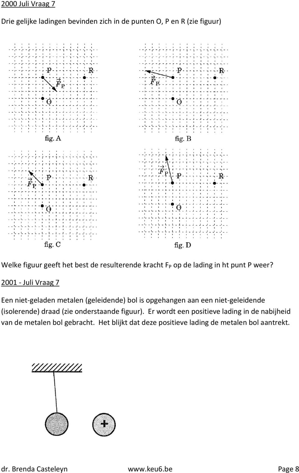 2001 - Juli Vraag 7 Een niet-geladen metalen (geleidende) bol is opgehangen aan een niet-geleidende (isolerende) draad (zie