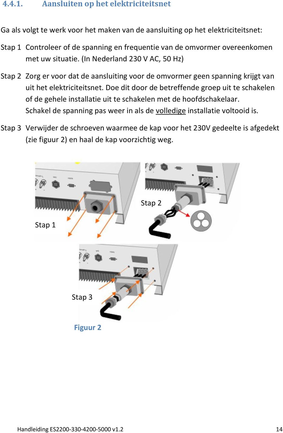 overeenkomen met uw situatie. (In Nederland 230 V AC, 50 Hz) Stap 2 Zorg er voor dat de aansluiting voor de omvormer geen spanning krijgt van uit het elektriciteitsnet.