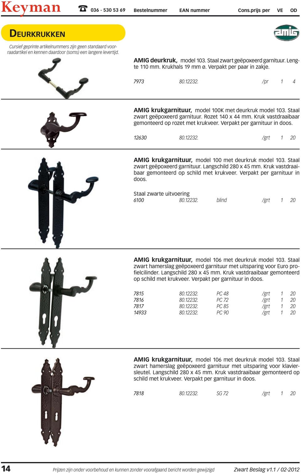 Verpakt per garnituur in doos. 12630 80.12232. /grt 1 20 AMIG krukgarnituur, model 100 met deurkruk model 103. Staal zwart geëpoxeerd garnituur. Langschild 280 x 45 mm.